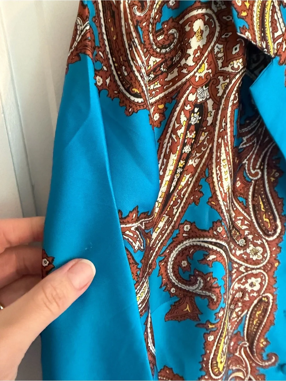 J Crew Drapey Paisley Button Up Shirt Blue Yellow Trim Medium
